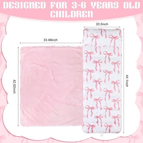 Toddler Nap Mat for Girls Pink Bow Sleeping Bag with Removable Pillow Blanket, Roll up Kids Nap Mat for Daycare Preschool Travel Camping, 44 x 33 Inch in Kuwait