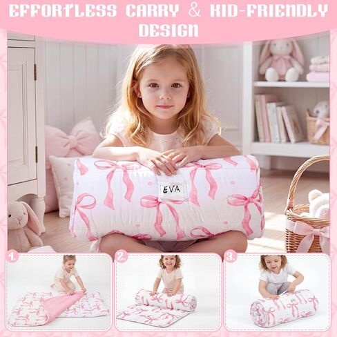 Toddler Nap Mat for Girls Pink Bow Sleeping Bag with Removable Pillow Blanket, Roll up Kids Nap Mat for Daycare Preschool Travel Camping, 44 x 33 Inch in Kuwait