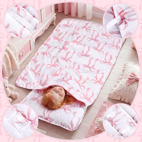 Toddler Nap Mat for Girls Pink Bow Sleeping Bag with Removable Pillow Blanket, Roll up Kids Nap Mat for Daycare Preschool Travel Camping, 44 x 33 Inch in Kuwait