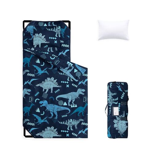 Wake In Cloud - Cot Nap Mat with Pillow and Blanket, for Toddler Kids Boys in Daycare Kindergarten Preschool Pre K with Elastic Corner Straps, Jurassic Dinosaur World Sketch, Navy Blue in Saudi Arabia