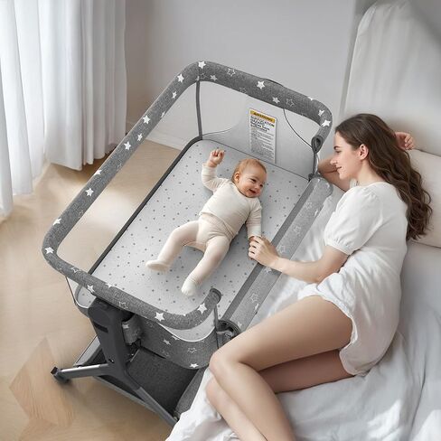 BIUSIKAN 3 in 1 Baby Bassinet, Rocking Bassinet Bedside Sleeper with Comfy Mattress and Breathable Mesh, 6 Height Adjustable & Upgraded Wheels Portable Bedside Crib for Newborn in Kuwait