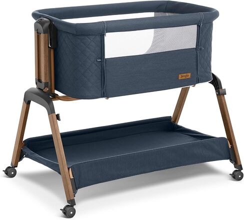 Jimglo 3-in-1 Baby Bassinet, Bedside Sleeper, Rocking Mode, Wheels(Navy) | 5 heights, breathable mesh, comfy mattress with washable sheet, storage basket, tool-free setup, bedside or rocking use in Kuwait