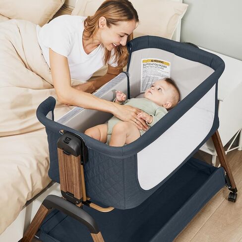 Jimglo 3-in-1 Baby Bassinet, Bedside Sleeper, Rocking Mode, Wheels(Navy) | 5 heights, breathable mesh, comfy mattress with washable sheet, storage basket, tool-free setup, bedside or rocking use in Kuwait