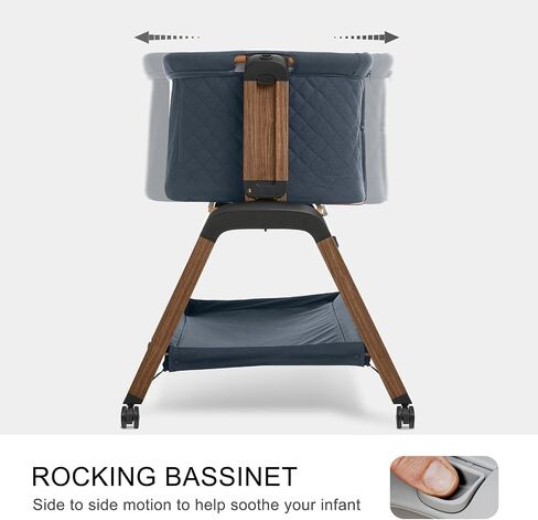 Jimglo 3-in-1 Baby Bassinet, Bedside Sleeper, Rocking Mode, Wheels(Navy) | 5 heights, breathable mesh, comfy mattress with washable sheet, storage basket, tool-free setup, bedside or rocking use in Kuwait