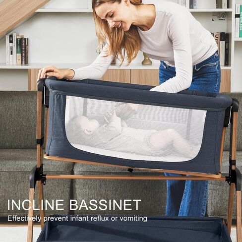Jimglo 3-in-1 Baby Bassinet, Bedside Sleeper, Rocking Mode, Wheels(Navy) | 5 heights, breathable mesh, comfy mattress with washable sheet, storage basket, tool-free setup, bedside or rocking use in Kuwait