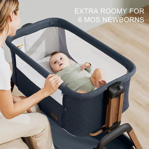 Jimglo 3-in-1 Baby Bassinet, Bedside Sleeper, Rocking Mode, Wheels(Navy) | 5 heights, breathable mesh, comfy mattress with washable sheet, storage basket, tool-free setup, bedside or rocking use in Kuwait