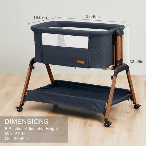 Jimglo 3-in-1 Baby Bassinet, Bedside Sleeper, Rocking Mode, Wheels(Navy) | 5 heights, breathable mesh, comfy mattress with washable sheet, storage basket, tool-free setup, bedside or rocking use in Kuwait
