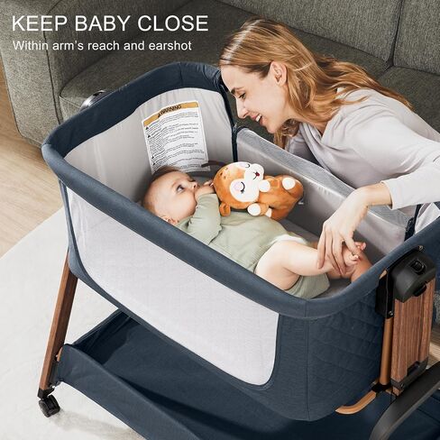 Jimglo 3-in-1 Baby Bassinet, Bedside Sleeper, Rocking Mode, Wheels(Navy) | 5 heights, breathable mesh, comfy mattress with washable sheet, storage basket, tool-free setup, bedside or rocking use in Kuwait