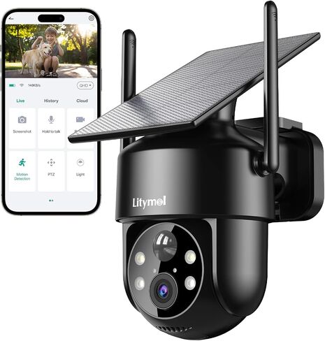 LITYMOL 2K 360° View Security Cameras Wireless Outdoor, Solar Cameras for Home Security, Color/IR Illumination Night Vision, AI Detection, 2-Way Audio, Siren Alarm, SD/Cloud Storage, 2.4g WiFi in Kuwait