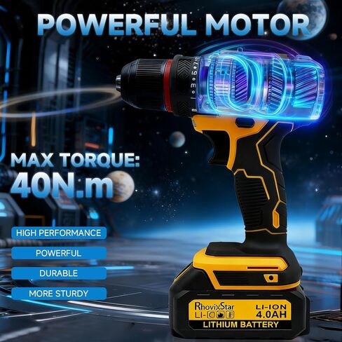 Rhovixster Power Drill Cordless 20V - 2 Speed with 30 NM.Max Torque, 3/8-Inch Keyless Chuck, Power Drill Tool Kit for DIY, Home Repair, Wood & Metal Drilling (2x 3Ah Batteries) in Kuwait