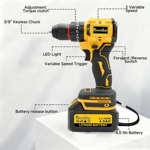 Rhovixster Power Drill Cordless 20V - 2 Speed with 30 NM.Max Torque, 3/8-Inch Keyless Chuck, Power Drill Tool Kit for DIY, Home Repair, Wood & Metal Drilling (2x 3Ah Batteries) in Kuwait