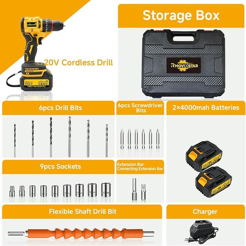 Rhovixster Power Drill Cordless 20V - 2 Speed with 30 NM.Max Torque, 3/8-Inch Keyless Chuck, Power Drill Tool Kit for DIY, Home Repair, Wood & Metal Drilling (2x 3Ah Batteries) in Kuwait