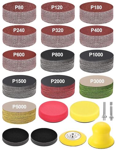 268-Pack 3 Inch Sanding Discs Drill Sanding Attachment, 80-5000 Grit Wet Dry Hook and Loop Sandpaper, Soft Foam Buffering Pad with 1/4" Shank Backing Plate for Car Wood Resin Metal in Kuwait