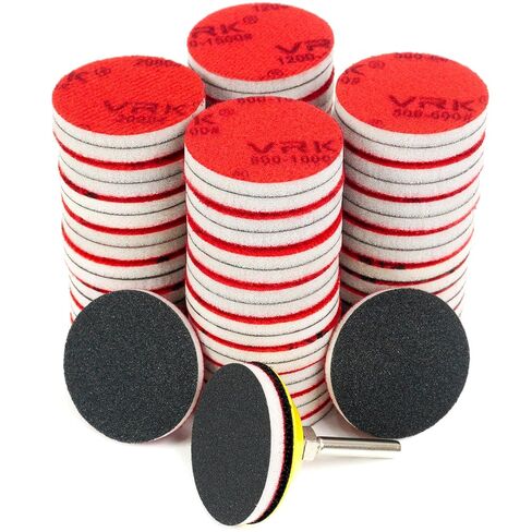 64 PCS 2 Inch Sanding Disc,Hook and Loop Sanding Pad 180 to 3000 Grit | Multi Grits Reusable Wet Dry Sponge Sandpaper Attachment with 1/4"Shank for Drill Rotary Tools Curved Surface Polishing in Kuwait