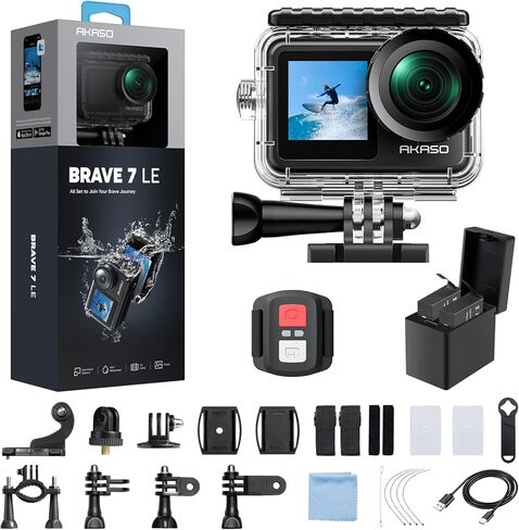 AKASO Brave 7 LE 4K30FPS 20MP WiFi Action Camera with Touch Screen EIS 2.0 Zoom Remote Control 131Feet Waterproof Underwater Camera Dual Color Screens Support External Microphone Vlog Camera in Kuwait