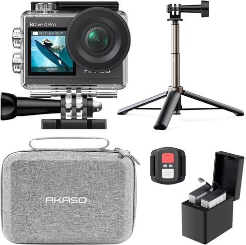 AKASO Brave 4 Pro Action Camera with Selfie Stick Tripod Carry Bag Bundle | 131FT Underwater Waterproof Camera 20MP EIS Touch Screen WiFi 5X Zoom with 2x1350mAh Batteries and Helmet Accessories Kit in Kuwait