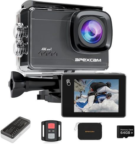 Apexcam M90 Action Camera 4K60FPS 64MP WiFi EIS Image Stabilization with Touchscreen Underwater Camera 40m Waterproof Sport Camera 8X Zoom 2.4G Remote Control 2x1350mAh in Kuwait