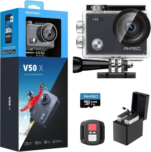 AKASO V50X Native 4K30fps WiFi Action Camera with EIS Touch Screen 4X Zoom 131 feet Waterproof Camera Support External Mic Remote Control with Helmet Accessories (with 64GB MicroSD Card) | EIS, WiFi, Touch Screen, 4X Zoom 131ft Waterproof Camera, Remote C in Kuwait