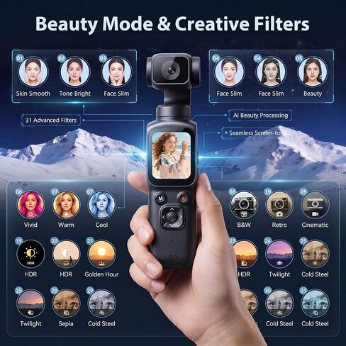 4K Vlogging Camera, Handheld Pocket Camera for YouTube, Gimbal Digital Cam | Auto Face Tracking, 330° Rotate Lens, 1.72" Touch Screen, 31 filters, Support WiFi Sharing for Travel Vlogging, 64MP Photo in Kuwait