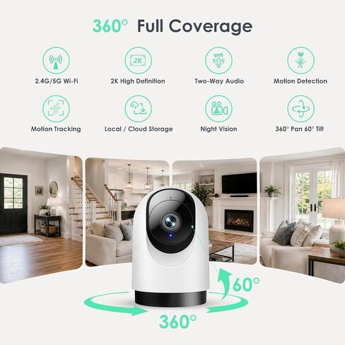 YOTON Indoor Security Camera 2pcs, 2K 360° Wi-Fi Baby Monitor & Pet Camera w/Motion Tracking, 2-Way Audio, Night Vision, SD/Cloud, Compatible with Alexa & Google Home, 2.4/5GHz in Kuwait