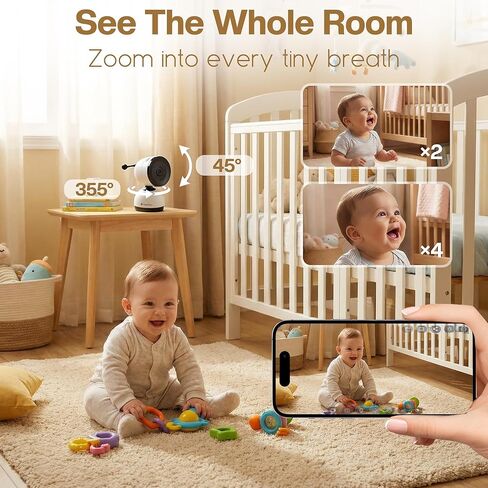 Smart WiFi Baby Monitor with 5-Inch Screen: 355° Pan-Tilt-Zoom Camera, HD Night Vision, Two-Way Audio, Cry Detection, Temp Sensor, 24/7 App Recording – Easy Setup, Baby Essentials for New Parents in Kuwait