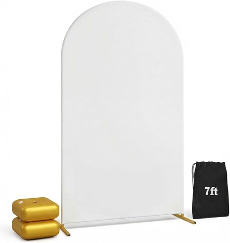 Metal Arch Backdrop Stand and Cover Set – 3 Gold Frames (7.2ft, 6ft x2) with White Wrinkle-Free Spandex Covers, Water Weights, Bags & Case – Wedding, Birthday, Baby Shower, Party Decor in Kuwait