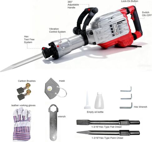 JKCHENPRO Heavy Duty Demolition Jack Hammer – Max 3500W, 1900 BPM Electric Concrete Breaker with 60J Impact Force, Includes 2 Chisels for Trenching, Breaking Holes & Construction Work in Kuwait