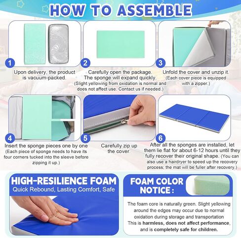 Wesiti Kids Nap Mats for Preschool Daycare Sleeping Mats,Blue, Gray | Foldable 3 Section, 1 Inch Thick, Sleeping Rest Mats for Toddler, Kindergarten Classroom, Back to School Supplies in Kuwait