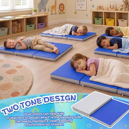 Wesiti Kids Nap Mats for Preschool Daycare Sleeping Mats,Blue, Gray | Foldable 3 Section, 1 Inch Thick, Sleeping Rest Mats for Toddler, Kindergarten Classroom, Back to School Supplies in Kuwait