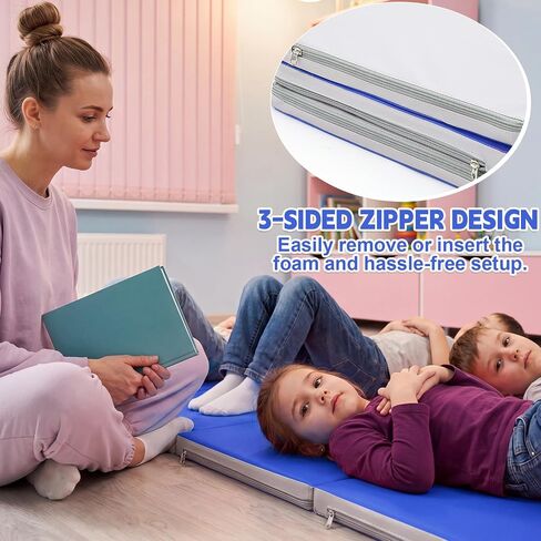 Wesiti Kids Nap Mats for Preschool Daycare Sleeping Mats,Blue, Gray | Foldable 3 Section, 1 Inch Thick, Sleeping Rest Mats for Toddler, Kindergarten Classroom, Back to School Supplies in Kuwait