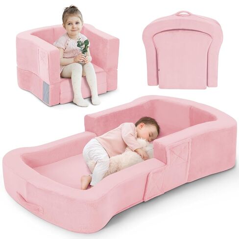 whiffee Toddler Travel Bed, 2-in-1 Foldable Portable Toddler Bed Sofa Chair, Soft Baby Kids Travel Floor Cot with Washable Covers Safety Foam Raised Bumper for Camping Hotel Sleeping in Kuwait