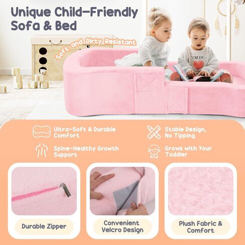 whiffee Toddler Travel Bed, 2-in-1 Foldable Portable Toddler Bed Sofa Chair, Soft Baby Kids Travel Floor Cot with Washable Covers Safety Foam Raised Bumper for Camping Hotel Sleeping in Kuwait
