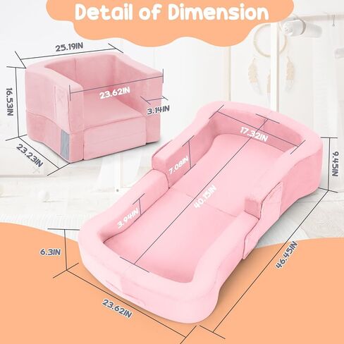whiffee Toddler Travel Bed, 2-in-1 Foldable Portable Toddler Bed Sofa Chair, Soft Baby Kids Travel Floor Cot with Washable Covers Safety Foam Raised Bumper for Camping Hotel Sleeping in Kuwait