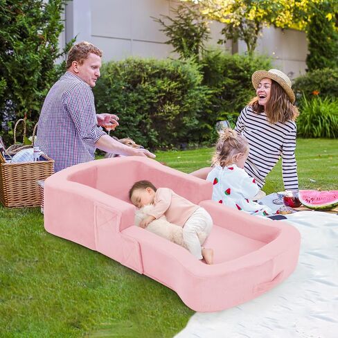 whiffee Toddler Travel Bed, 2-in-1 Foldable Portable Toddler Bed Sofa Chair, Soft Baby Kids Travel Floor Cot with Washable Covers Safety Foam Raised Bumper for Camping Hotel Sleeping in Kuwait