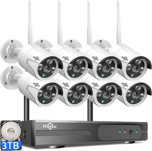 Hiseeu [24/7 Recording Home Security Camera System, No Subscription, 4K NVR with 3MP Corded Plug-in Powered Outdoor Bullet Cameras, 2.4G/5G Wireless WiFi Connection, 1TB HDD, Night Vision, IP65 in Kuwait