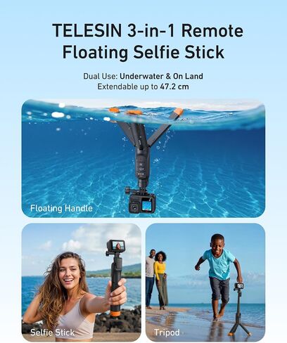 TELESIN Bluetooth Floating Selfie Stick Tripod for GoPro Hero 13/12/11/10/9, Waterproof Extendable Pole 3-in-1 Hand Grip Tripod with Signal Booster, 15M Diving Stick for Surfing, Snorkeling, Vlogging in Kuwait