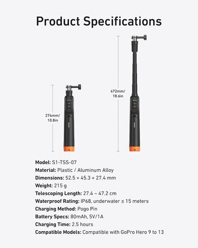 TELESIN Bluetooth Floating Selfie Stick Tripod for GoPro Hero 13/12/11/10/9, Waterproof Extendable Pole 3-in-1 Hand Grip Tripod with Signal Booster, 15M Diving Stick for Surfing, Snorkeling, Vlogging in Kuwait