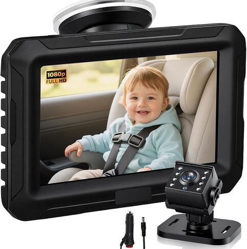 Zacro 1080P Baby Car Mirror Camera for Rear Facing Seat, USB/Type-C Port 4.3" Backseat Headrest Carseat Camera Monitor with HD Night Vision for Baby Safety in Car, 150° Wide View Angle, 360° Rotatable in Kuwait