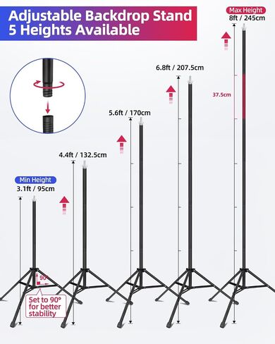 Backdrop Stand 10 x 8 Ft (WxH), 7 Widths Adjustable Background Stand | 5 Heights, portable photography background stand kit, 6 Clamps & Carrying Bag, for photo studio, party, wedding, photo booth in Kuwait