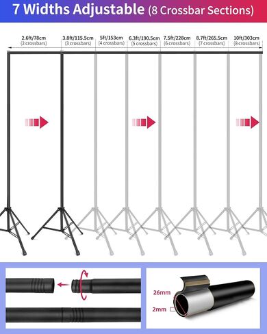 Backdrop Stand 10 x 8 Ft (WxH), 7 Widths Adjustable Background Stand | 5 Heights, portable photography background stand kit, 6 Clamps & Carrying Bag, for photo studio, party, wedding, photo booth in Kuwait