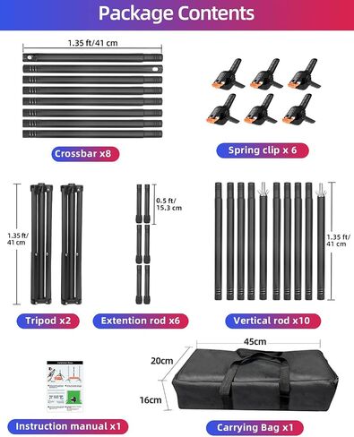 Backdrop Stand 10 x 8 Ft (WxH), 7 Widths Adjustable Background Stand | 5 Heights, portable photography background stand kit, 6 Clamps & Carrying Bag, for photo studio, party, wedding, photo booth in Kuwait