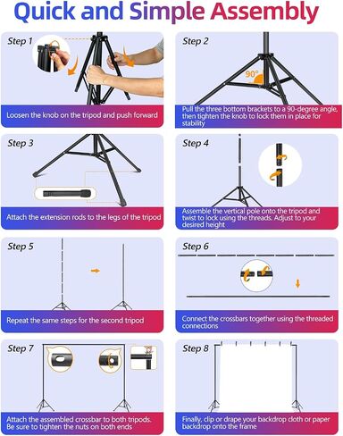 Backdrop Stand 10 x 8 Ft (WxH), 7 Widths Adjustable Background Stand | 5 Heights, portable photography background stand kit, 6 Clamps & Carrying Bag, for photo studio, party, wedding, photo booth in Kuwait