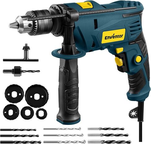 Enventor Hammer Drill with 9 Bits, Variable Speed, 900W, 1/2 in Chuck, Blue | 360° Auxiliary Handle, Lightweight, 2 Modes, 13 MM Concrete, 10 MM Steel and 25 MM Wood Capacity, Safety Lock, Depth Gauge in Kuwait