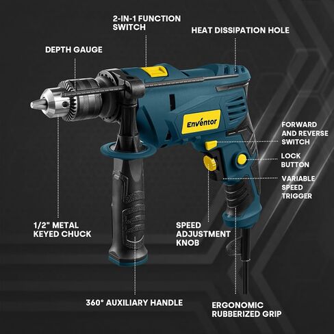 Enventor Hammer Drill with 9 Bits, Variable Speed, 900W, 1/2 in Chuck, Blue | 360° Auxiliary Handle, Lightweight, 2 Modes, 13 MM Concrete, 10 MM Steel and 25 MM Wood Capacity, Safety Lock, Depth Gauge in Kuwait