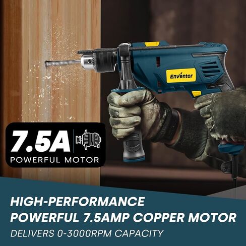 Enventor Hammer Drill with 9 Bits, Variable Speed, 900W, 1/2 in Chuck, Blue | 360° Auxiliary Handle, Lightweight, 2 Modes, 13 MM Concrete, 10 MM Steel and 25 MM Wood Capacity, Safety Lock, Depth Gauge in Kuwait