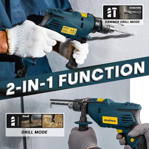 Enventor Hammer Drill with 9 Bits, Variable Speed, 900W, 1/2 in Chuck, Blue | 360° Auxiliary Handle, Lightweight, 2 Modes, 13 MM Concrete, 10 MM Steel and 25 MM Wood Capacity, Safety Lock, Depth Gauge in Kuwait