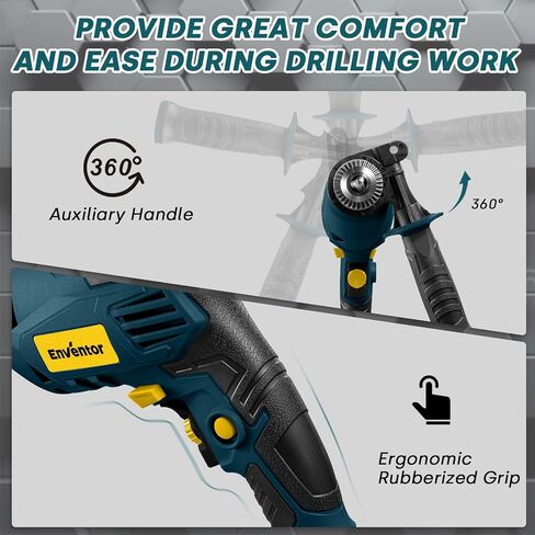Enventor Hammer Drill with 9 Bits, Variable Speed, 900W, 1/2 in Chuck, Blue | 360° Auxiliary Handle, Lightweight, 2 Modes, 13 MM Concrete, 10 MM Steel and 25 MM Wood Capacity, Safety Lock, Depth Gauge in Kuwait