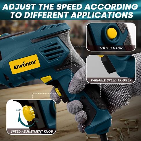 Enventor Hammer Drill with 9 Bits, Variable Speed, 900W, 1/2 in Chuck, Blue | 360° Auxiliary Handle, Lightweight, 2 Modes, 13 MM Concrete, 10 MM Steel and 25 MM Wood Capacity, Safety Lock, Depth Gauge in Kuwait