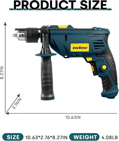 Enventor Hammer Drill with 9 Bits, Variable Speed, 900W, 1/2 in Chuck, Blue | 360° Auxiliary Handle, Lightweight, 2 Modes, 13 MM Concrete, 10 MM Steel and 25 MM Wood Capacity, Safety Lock, Depth Gauge in Kuwait