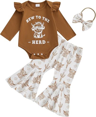 Gaono Fall Baby Girl Clothes Infant Western Bell Bottom Outfit Cowgirl Long Sleeve Cow Print Romper Flare Pants 3 Pcs Set in Kuwait